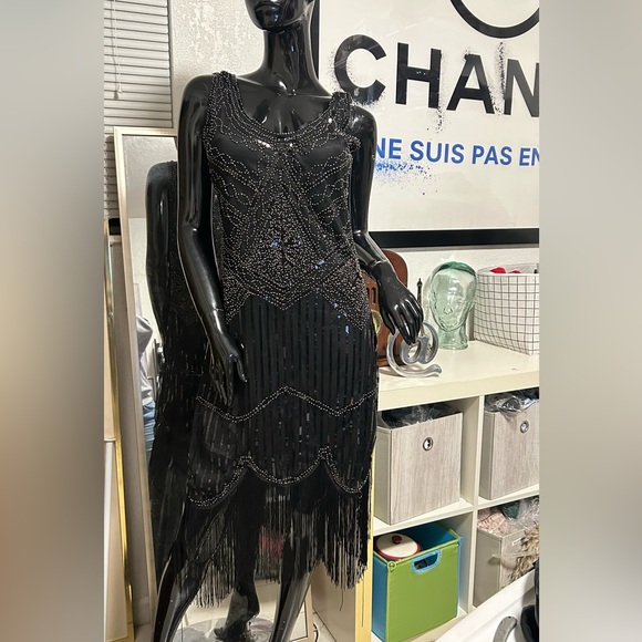 Fundaisy Black Beaded Fringe Flapper Dress - Size L - Picture 1 of 9